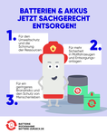 Grafik einer leeren Batterie mit Feuerwehrhelm und 3 Gr&uuml;nden f&uuml;r sachgerechte Entsorgung von Batterien und Akkus. 