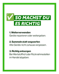 wei&szlig;-gr&uuml;ne Grafik mit Aufschrift "So machst Du es richtig: Weiterverwenden, sammeln, richtig entsorgen"