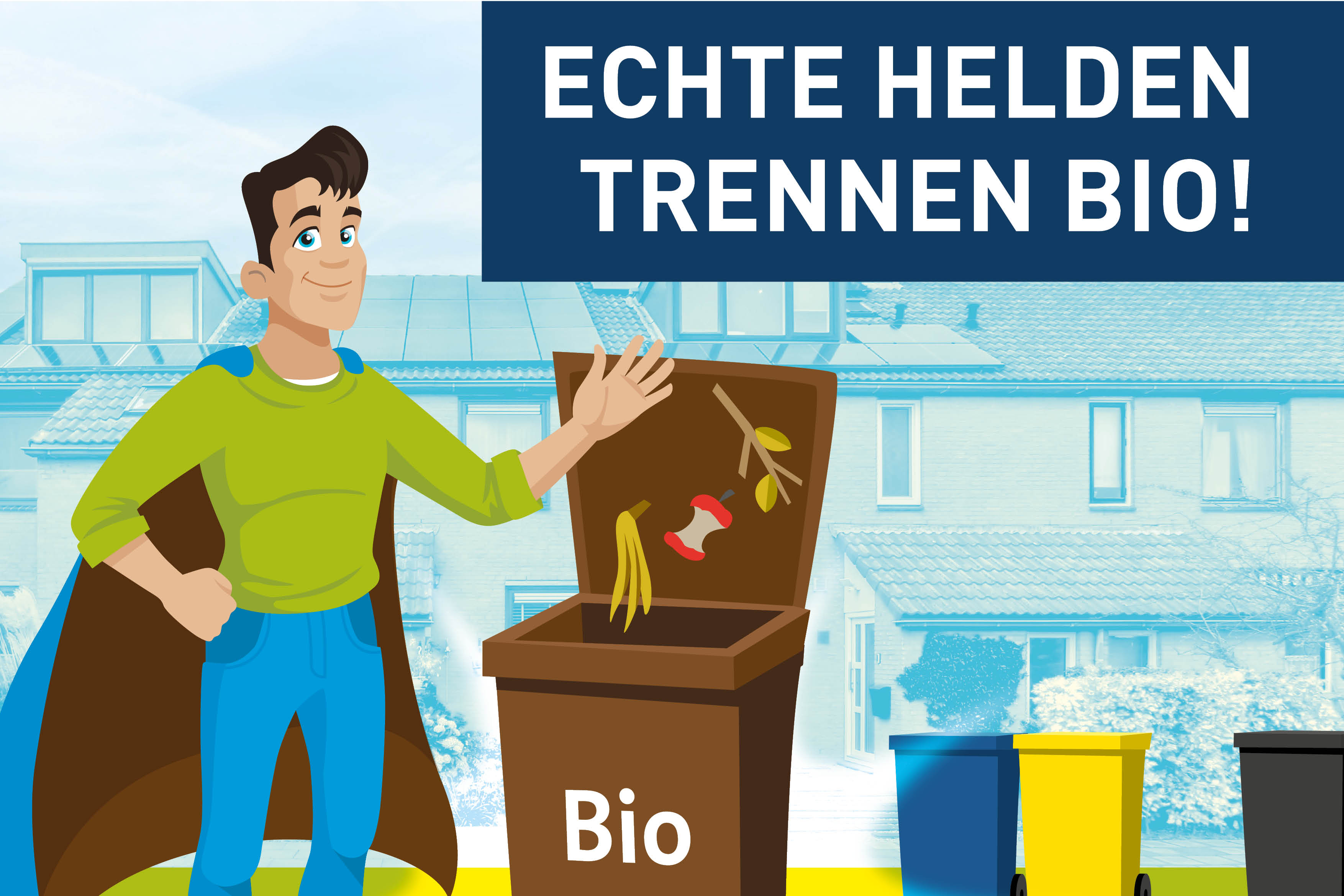 Superheld wirft Bioabfälle in Biotonne