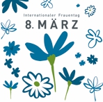 Grafik mit Bl&uuml;ten und dem Schriftzug Internationaler Frauentag 8. M&auml;rz